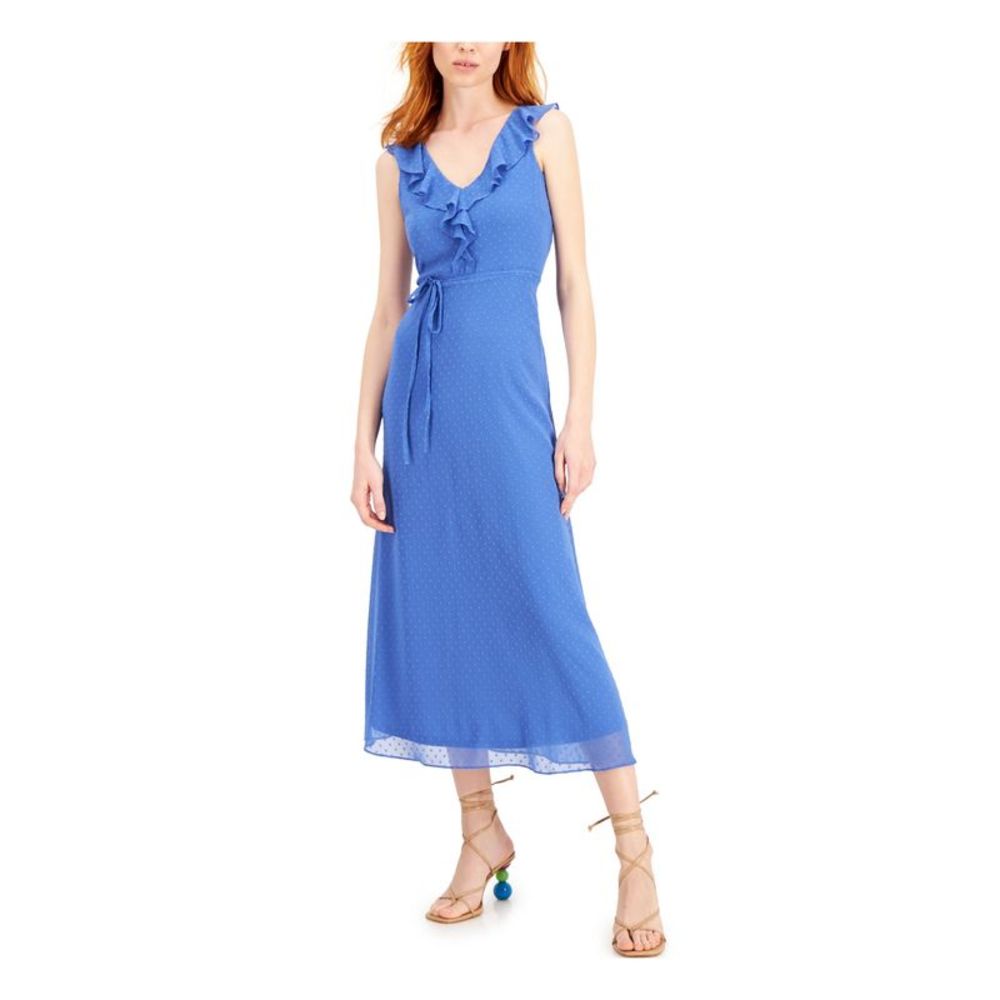 INC DRESS Womens Blue Belted Neckline Sleeveless V Neck Maxi Fit + Flare Dress 6